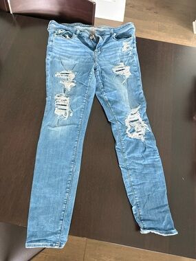 American Eagle Ripped Jegging Skinny Jeans Medium Wash Stretch Jean 16 LONG